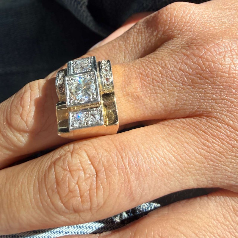 French 1940s Art Deco Diamond Tank Ring Platinum & 18k Gold