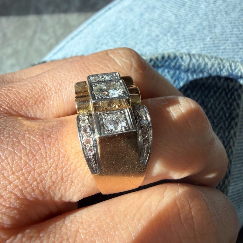 French 1940s Art Deco Diamond Tank Ring Platinum & 18k Gold