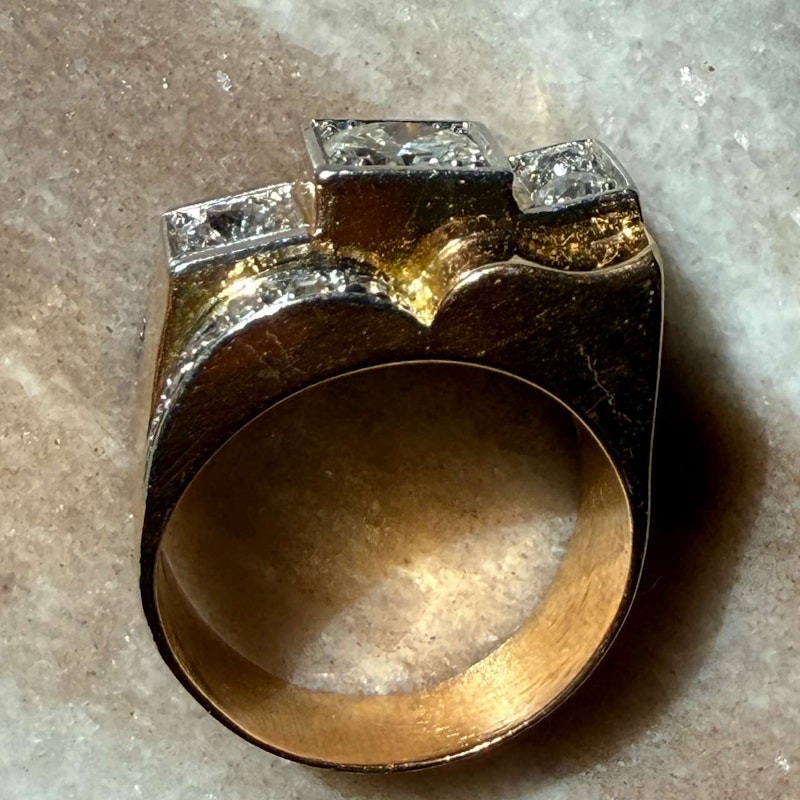 French 1940s Art Deco Diamond Tank Ring Platinum & 18k Gold
