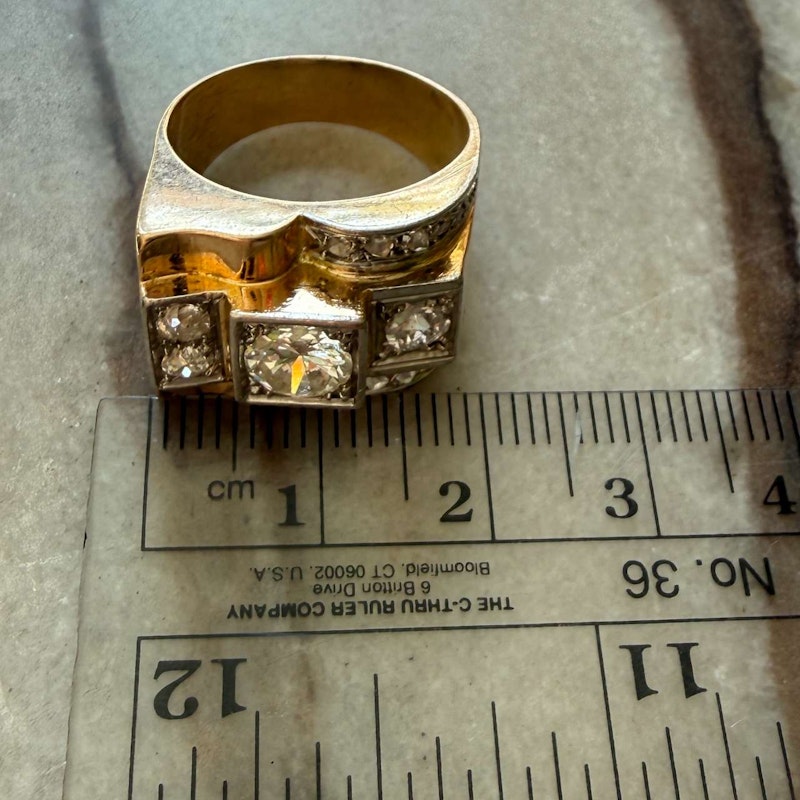 French 1940s Art Deco Diamond Tank Ring Platinum & 18k Gold