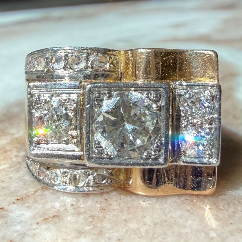 French 1940s Art Deco Diamond Tank Ring Platinum & 18k Gold