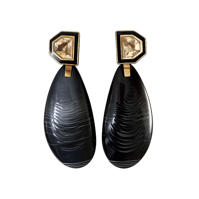 Dezso Mussel Deco Diamond Earrings 18k Rose Gold Black Enamel