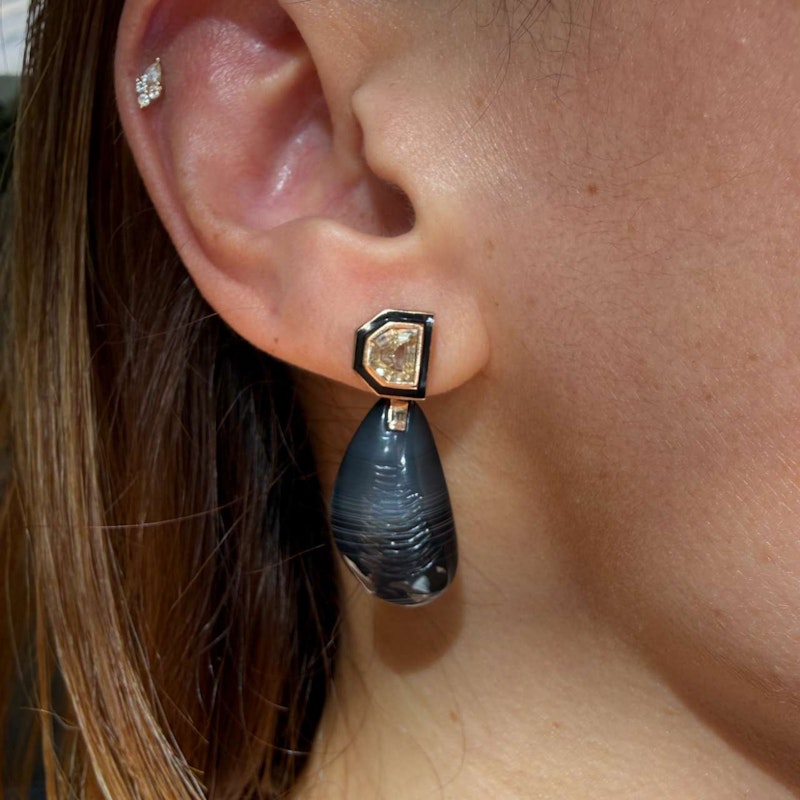 Dezso Mussel Deco Diamond Earrings 18k Rose Gold Black Enamel