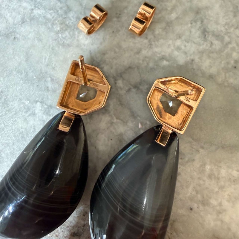 Dezso Mussel Deco Diamond Earrings 18k Rose Gold Black Enamel