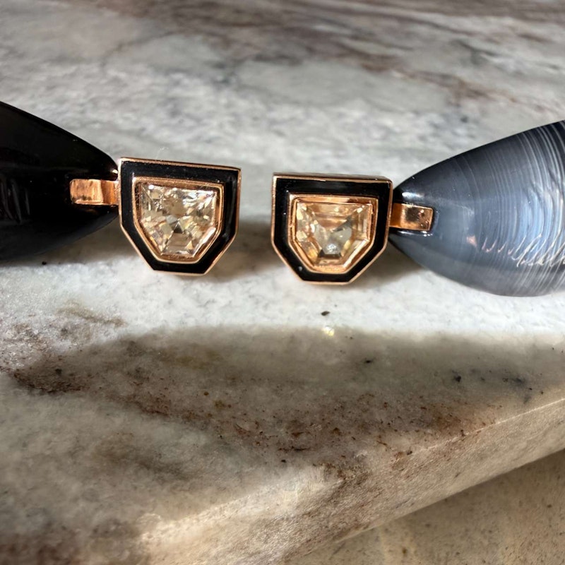 Dezso Mussel Deco Diamond Earrings 18k Rose Gold Black Enamel