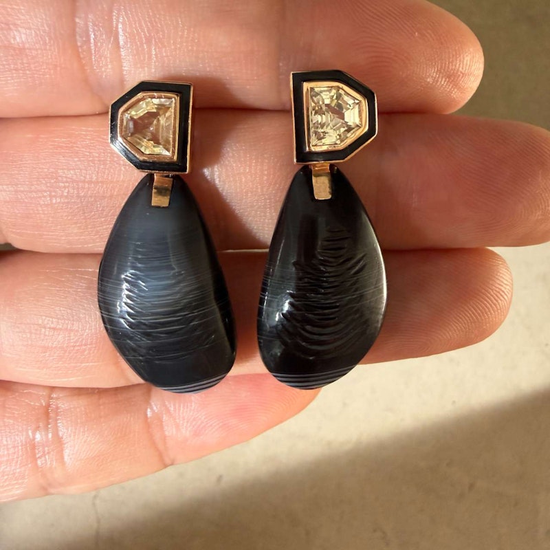 Dezso Mussel Deco Diamond Earrings 18k Rose Gold Black Enamel