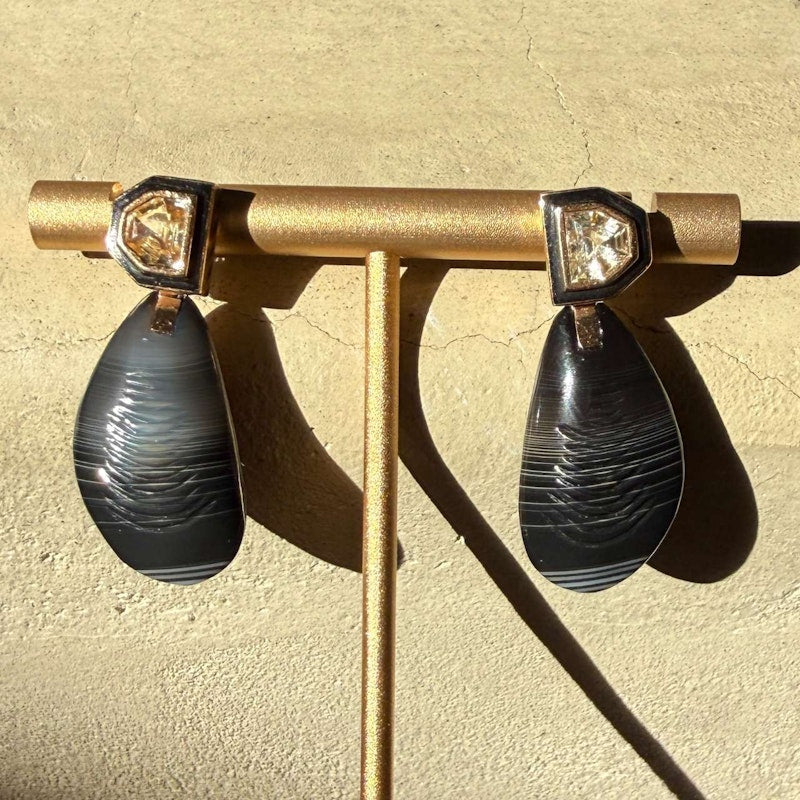 Dezso Mussel Deco Diamond Earrings 18k Rose Gold Black Enamel