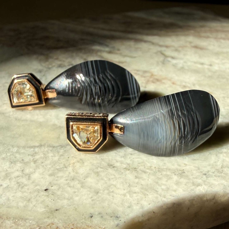 Dezso Mussel Deco Diamond Earrings 18k Rose Gold Black Enamel