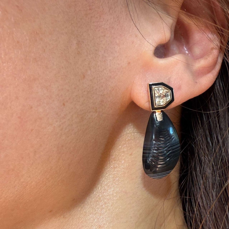 Dezso Mussel Deco Diamond Earrings 18k Rose Gold Black Enamel