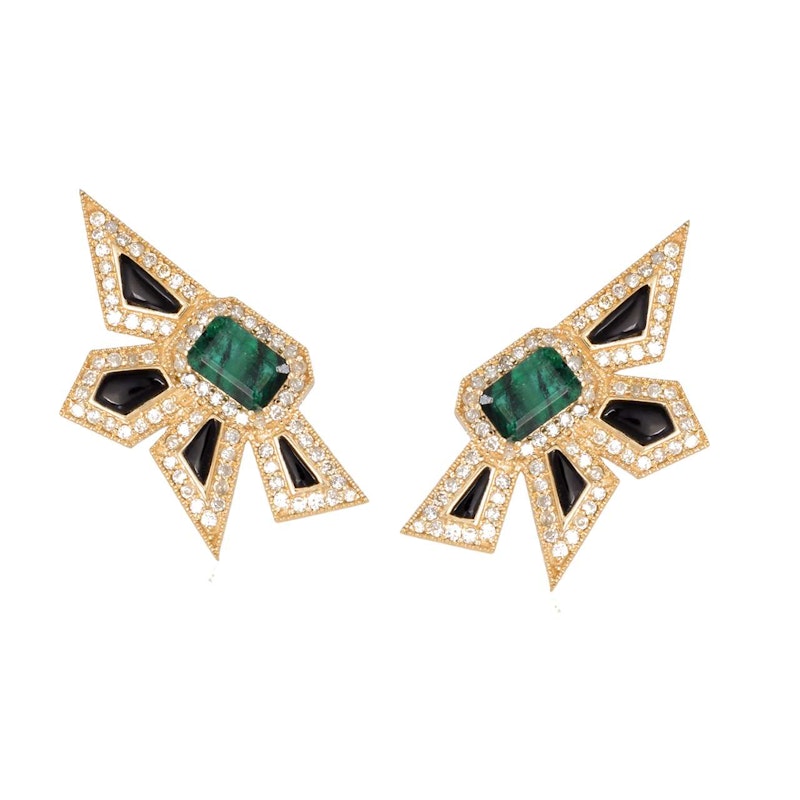 14k Yellow Gold Emerald, Diamond & Black Enamel Starburst Earrings