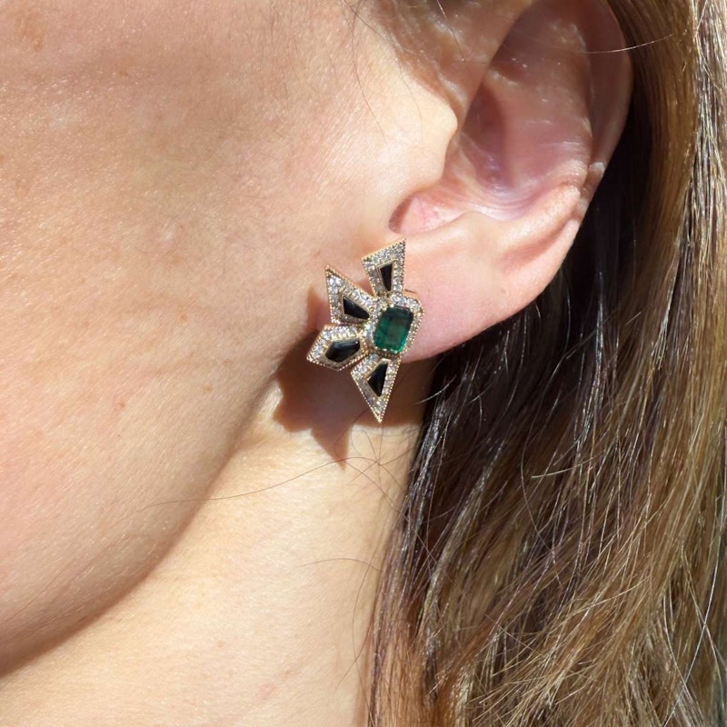 14k Yellow Gold Emerald, Diamond & Black Enamel Starburst Earrings