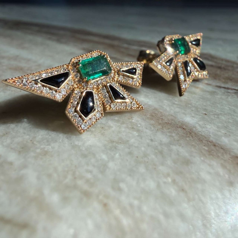14k Yellow Gold Emerald, Diamond & Black Enamel Starburst Earrings