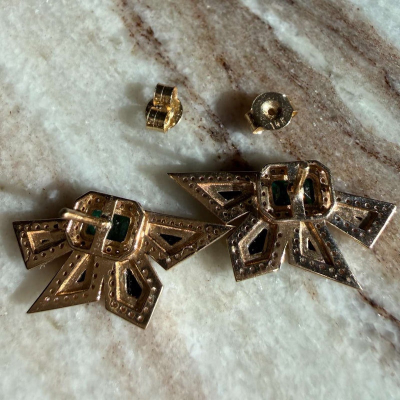14k Yellow Gold Emerald, Diamond & Black Enamel Starburst Earrings
