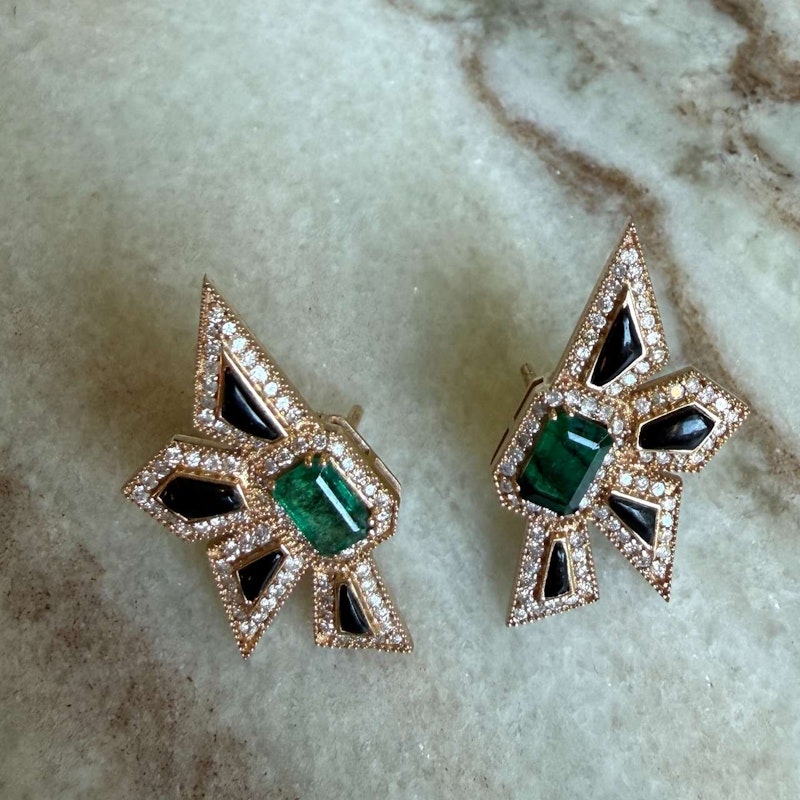 14k Yellow Gold Emerald, Diamond & Black Enamel Starburst Earrings