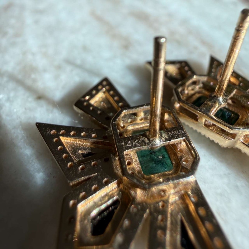 14k Yellow Gold Emerald, Diamond & Black Enamel Starburst Earrings