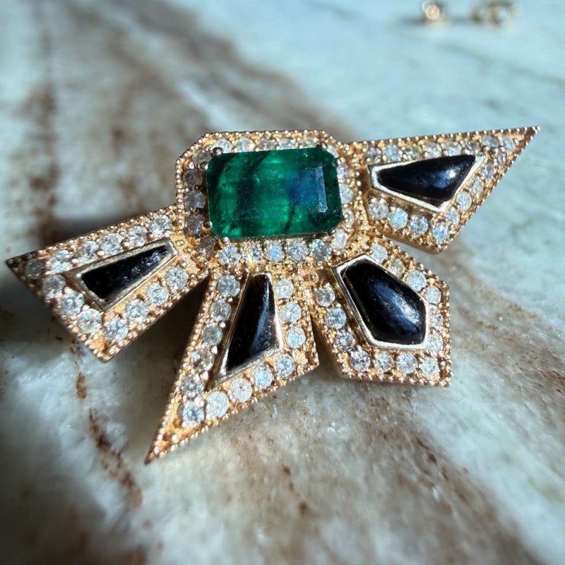14k Yellow Gold Emerald, Diamond & Black Enamel Starburst Earrings