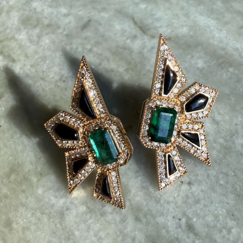 14k Yellow Gold Emerald, Diamond & Black Enamel Starburst Earrings