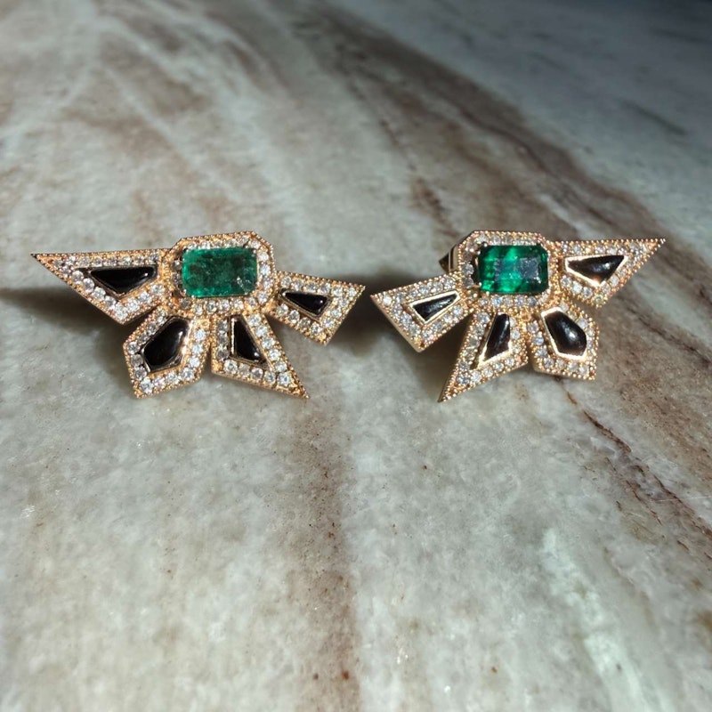 14k Yellow Gold Emerald, Diamond & Black Enamel Starburst Earrings