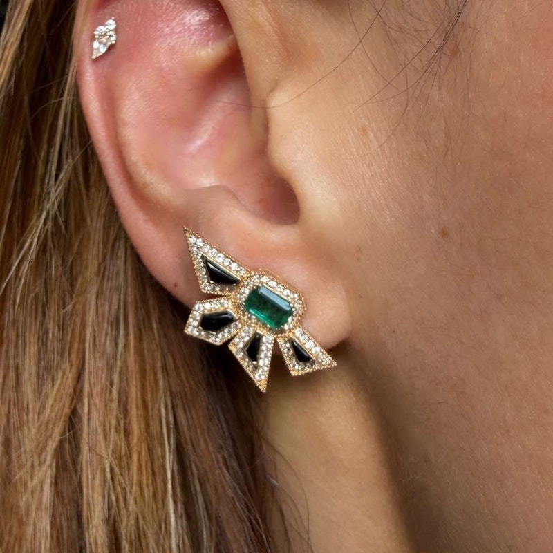 14k Yellow Gold Emerald, Diamond & Black Enamel Starburst Earrings