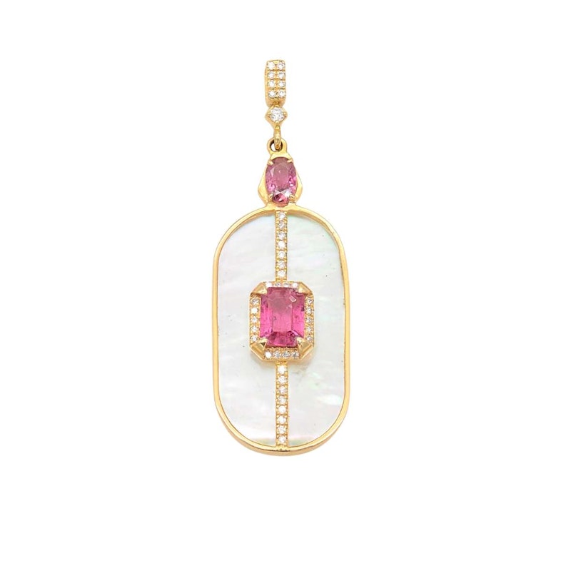 14k Yellow Gold Mother of Pearl, Pink Tourmaline & Diamond Pendant