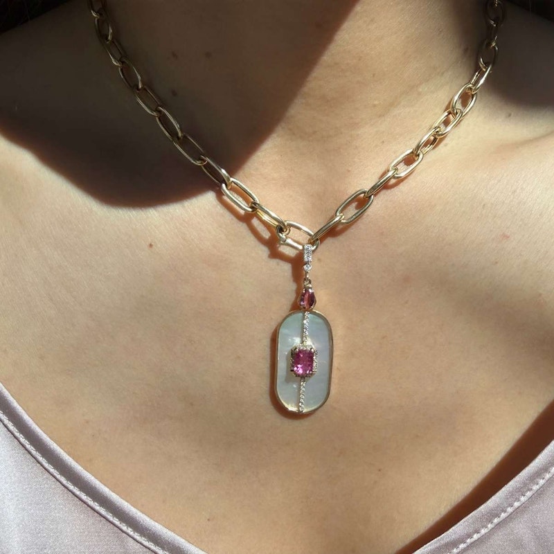 14k Yellow Gold Mother of Pearl, Pink Tourmaline & Diamond Pendant