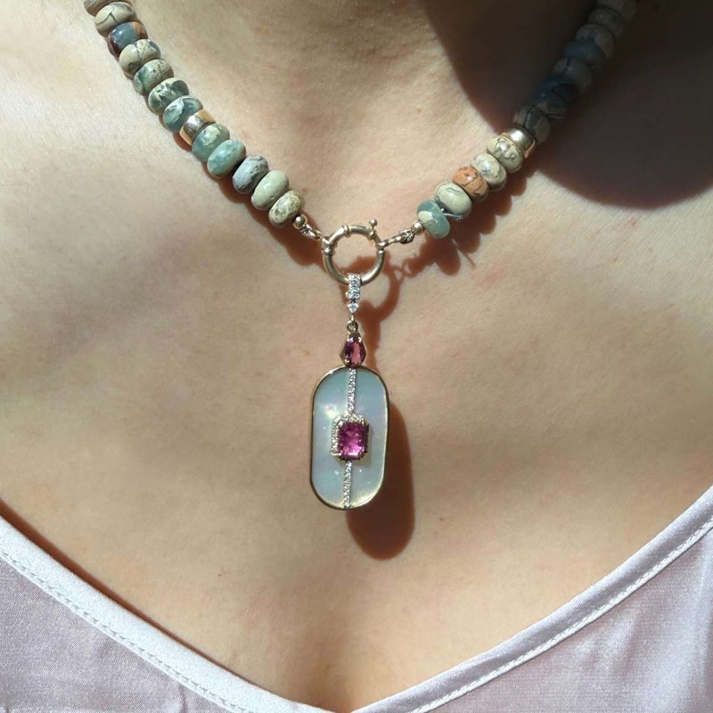 14k Yellow Gold Mother of Pearl, Pink Tourmaline & Diamond Pendant