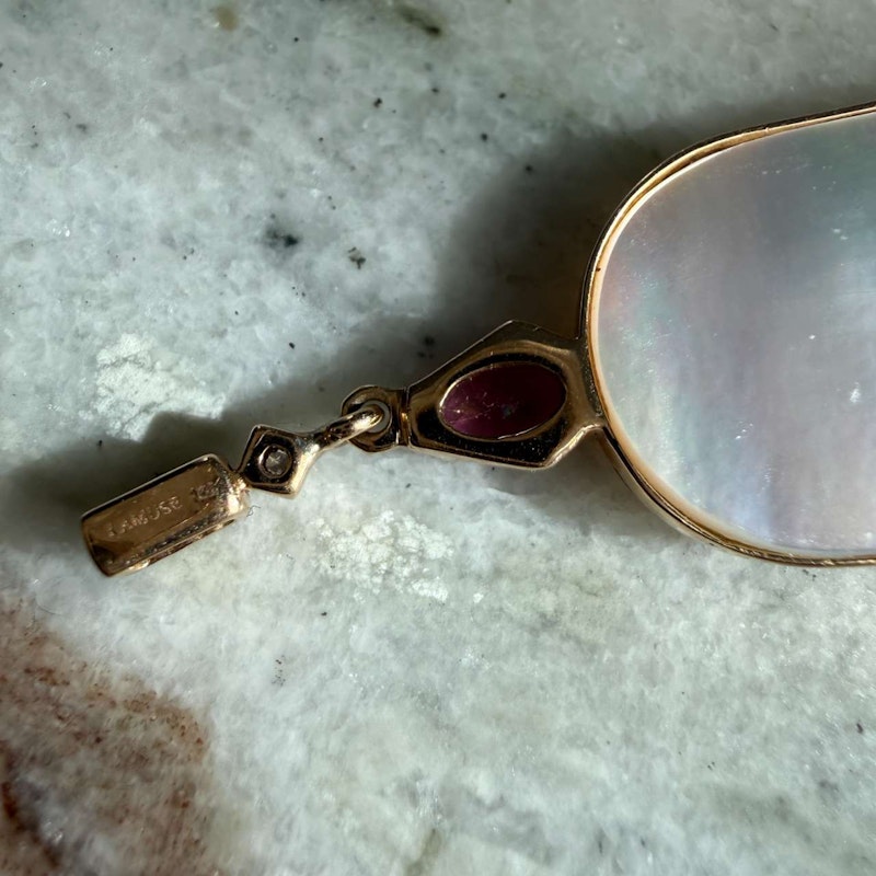 14k Yellow Gold Mother of Pearl, Pink Tourmaline & Diamond Pendant