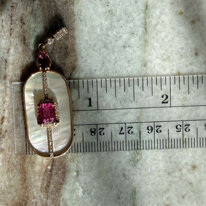 14k Yellow Gold Mother of Pearl, Pink Tourmaline & Diamond Pendant