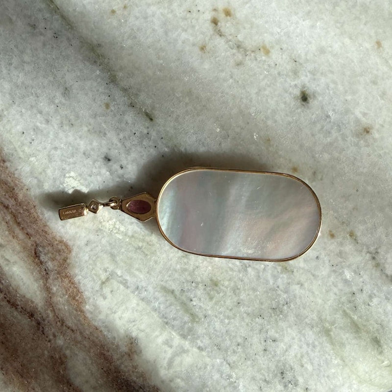 14k Yellow Gold Mother of Pearl, Pink Tourmaline & Diamond Pendant