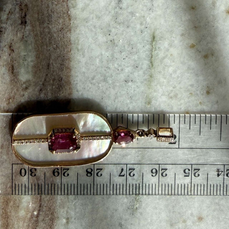 14k Yellow Gold Mother of Pearl, Pink Tourmaline & Diamond Pendant