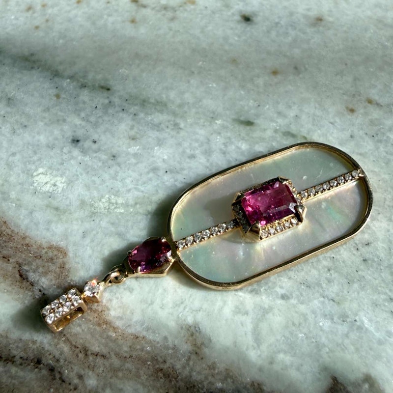 14k Yellow Gold Mother of Pearl, Pink Tourmaline & Diamond Pendant