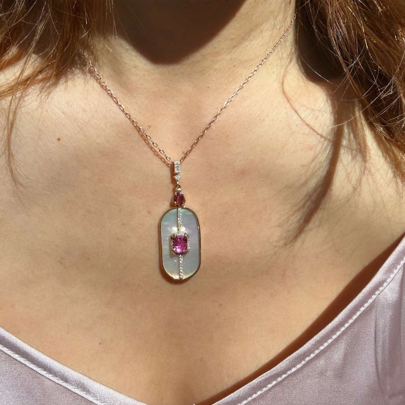 14k Yellow Gold Mother of Pearl, Pink Tourmaline & Diamond Pendant