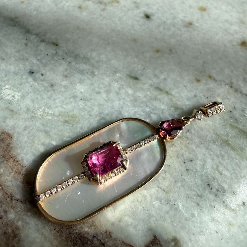 14k Yellow Gold Mother of Pearl, Pink Tourmaline & Diamond Pendant