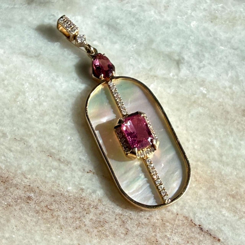 14k Yellow Gold Mother of Pearl, Pink Tourmaline & Diamond Pendant