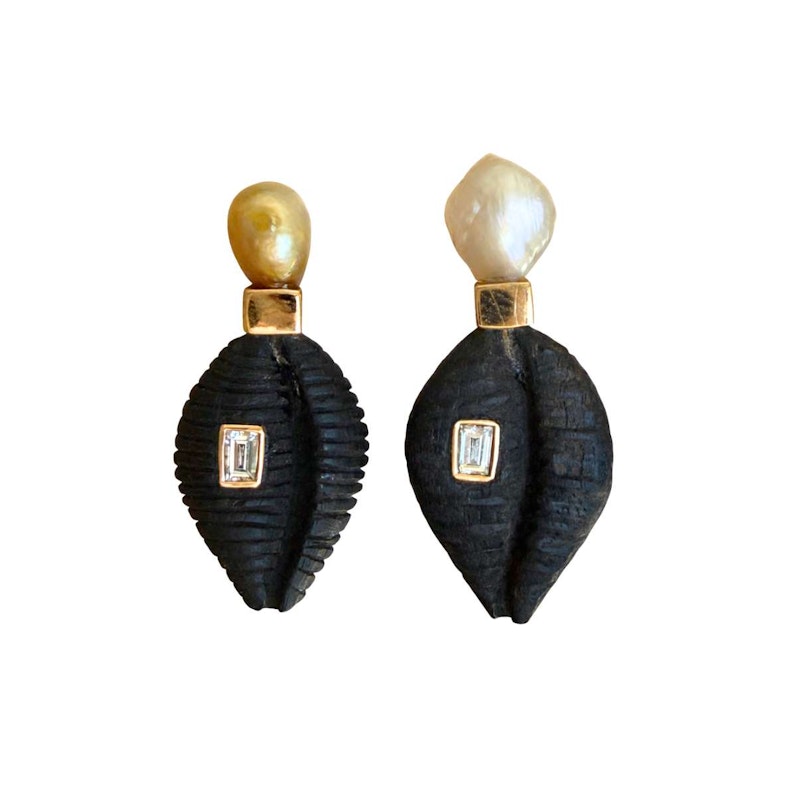Dezso Ebony Cowry Shell, Pearl & Baguette Diamond Earrings 18k Rose Gold