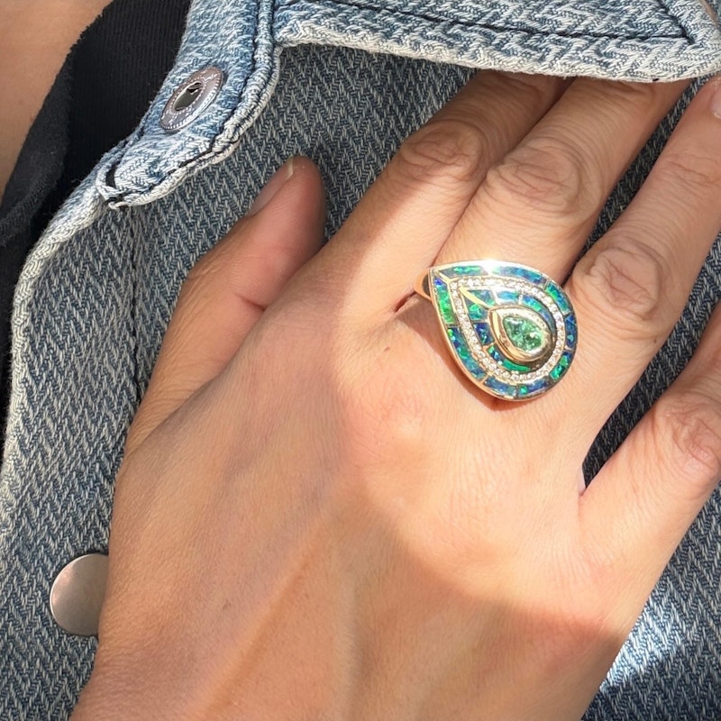 Jacquie Aiche Opal Eye Diamond & Green Tourmaline 14k Yellow Gold Ring