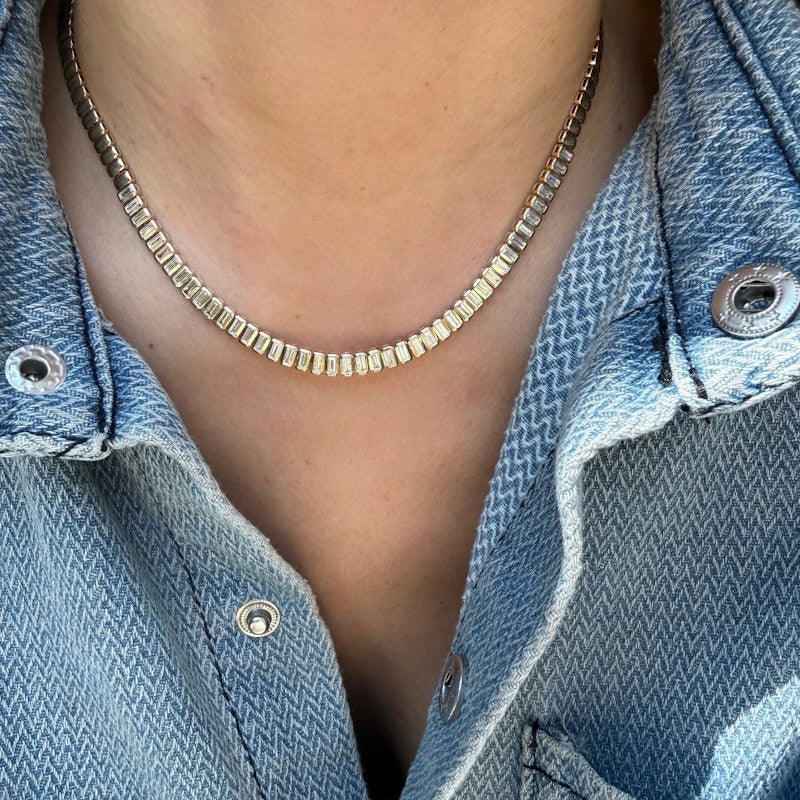 14k Yellow Gold Baguette Diamond Tennis Collar Necklace, 3.03ct