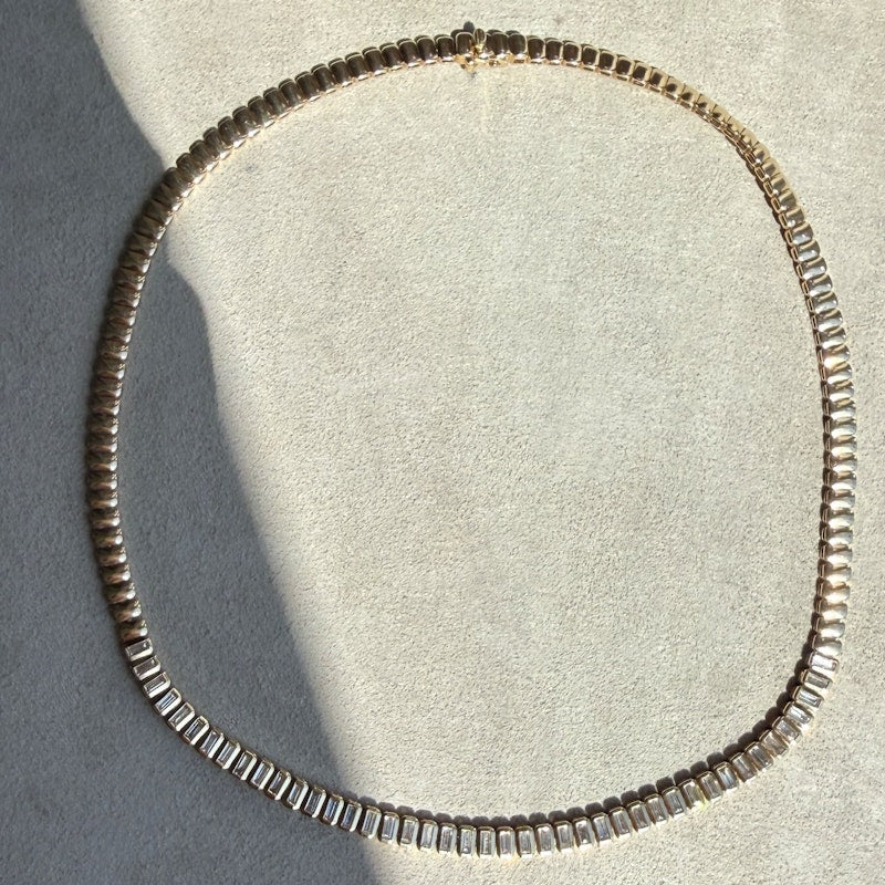 14k Yellow Gold Baguette Diamond Tennis Collar Necklace, 3.03ct