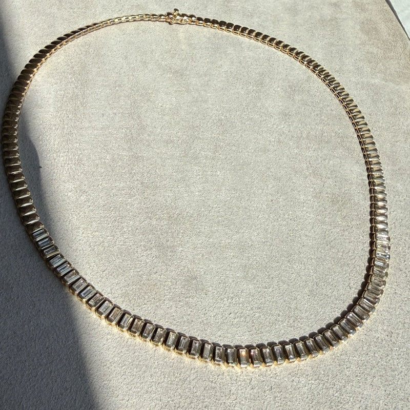 14k Yellow Gold Baguette Diamond Tennis Collar Necklace, 3.03ct
