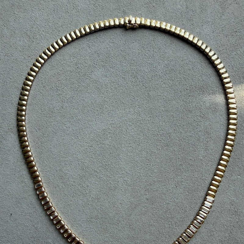 14k Yellow Gold Baguette Diamond Tennis Collar Necklace, 3.03ct