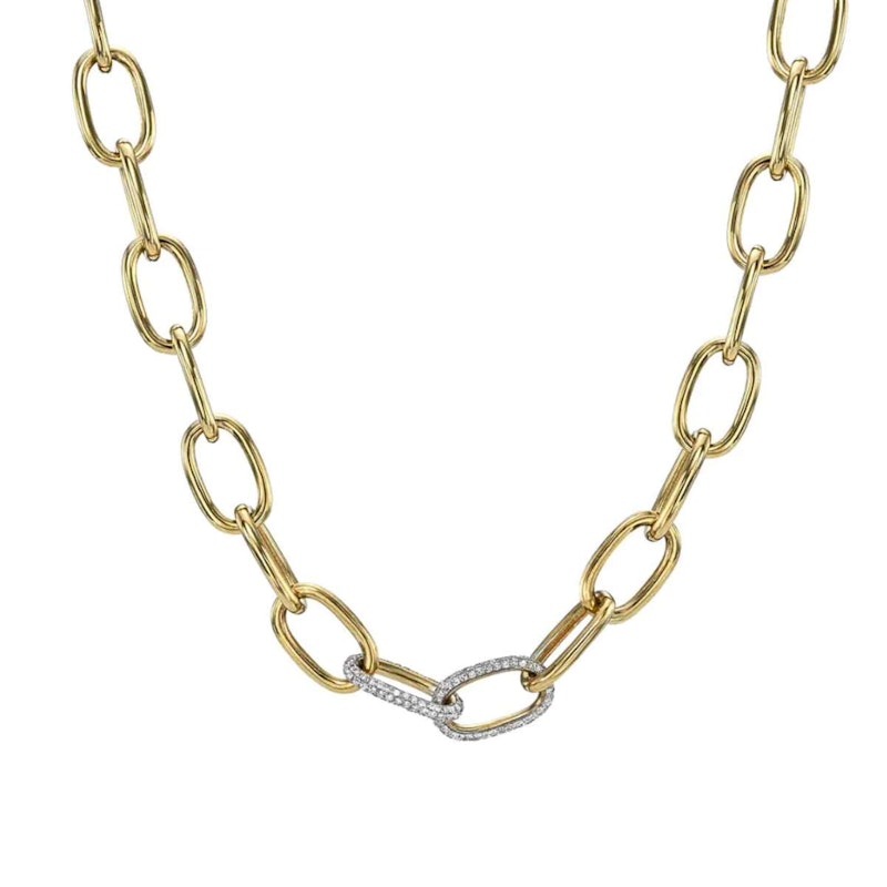 14k Yellow Gold Link Chain Necklace with Diamond Link Accents