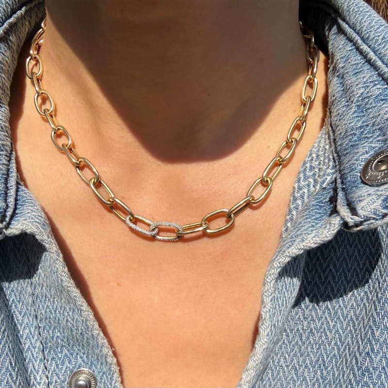 14k Yellow Gold Link Chain Necklace with Diamond Link Accents