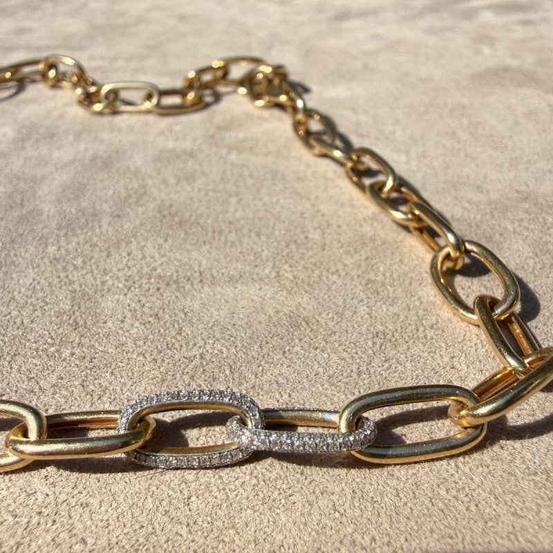 14k Yellow Gold Link Chain Necklace with Diamond Link Accents