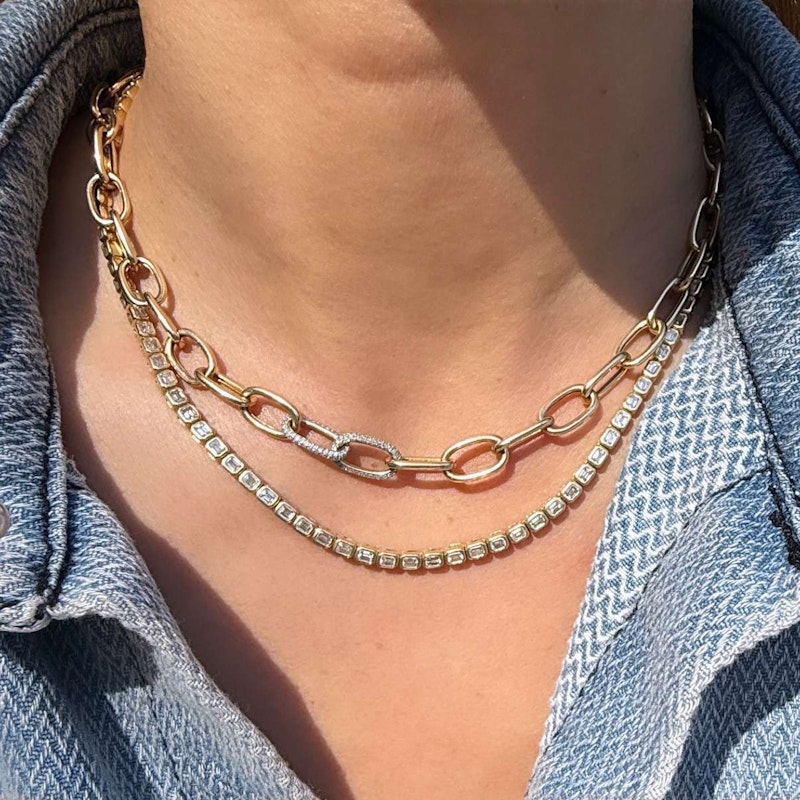 14k Yellow Gold Link Chain Necklace with Diamond Link Accents