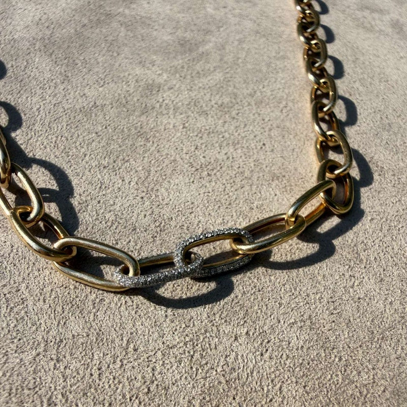 14k Yellow Gold Link Chain Necklace with Diamond Link Accents