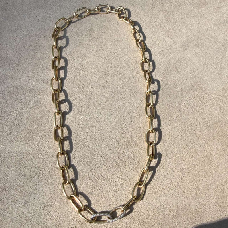 14k Yellow Gold Link Chain Necklace with Diamond Link Accents