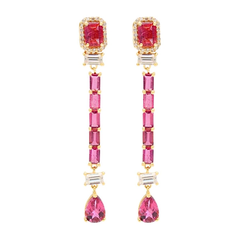 14k Yellow Gold Pink Tourmaline & Diamond Drop Earrings