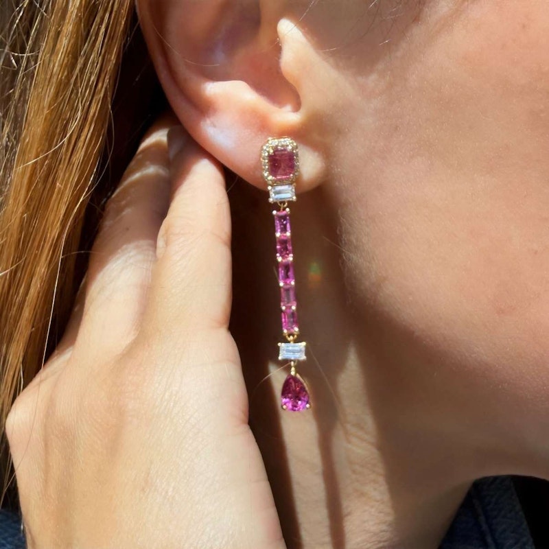14k Yellow Gold Pink Tourmaline & Diamond Drop Earrings