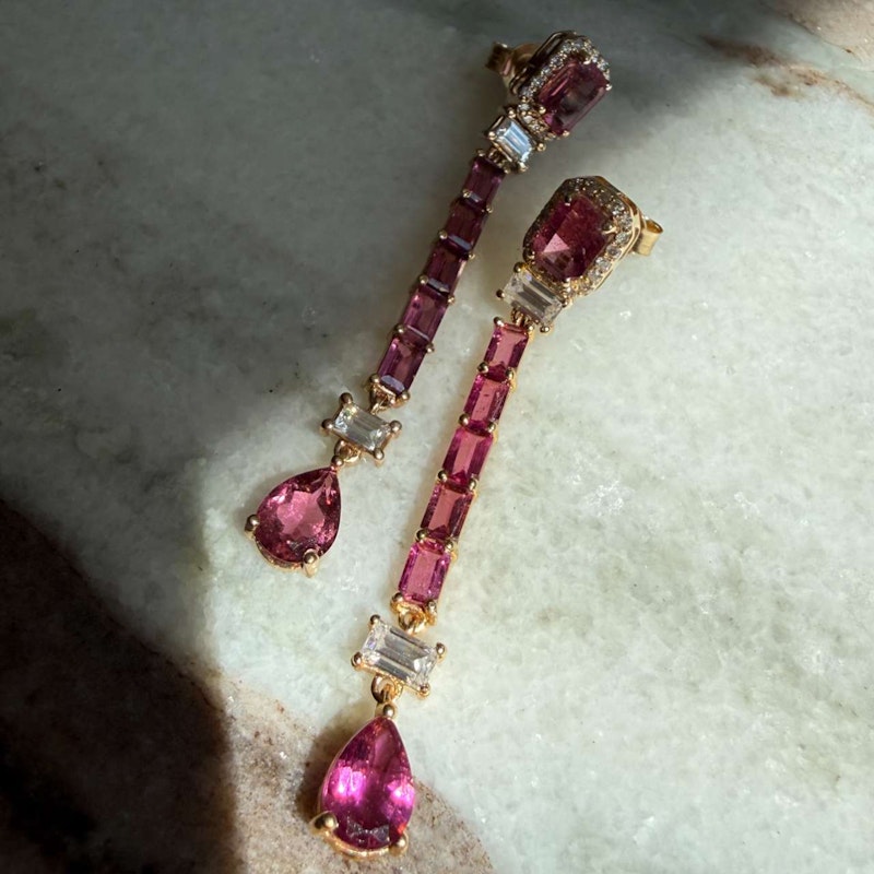 14k Yellow Gold Pink Tourmaline & Diamond Drop Earrings
