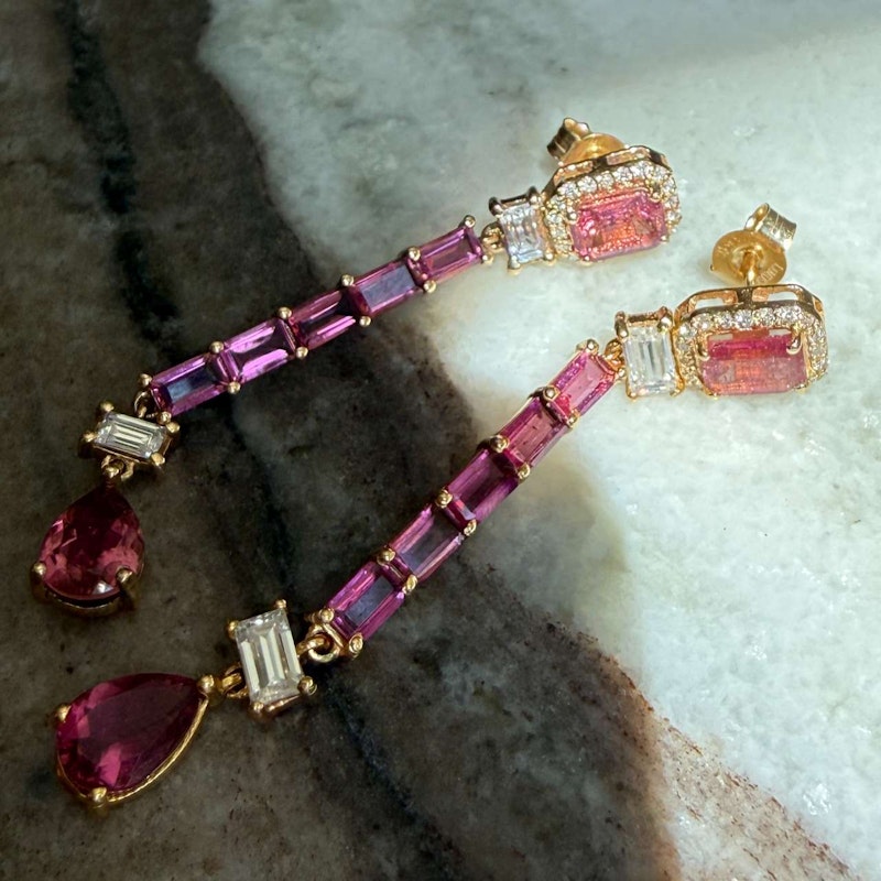 14k Yellow Gold Pink Tourmaline & Diamond Drop Earrings